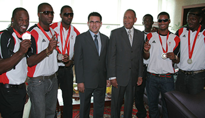 Flashback… Former Prime Minister Patrick Manning and then sports minister Gary Hunt pose with members of the T&T 4x100 mens relay team during a welcome reception at Piarco International Airport in 2008. From left is Aaron Amstrong, Emmanuel Callender, Richard Thompson, Rondel Sorillo, Keston Bledman and Marc Burns. Flashback… Former Prime Minister Patrick Manning and then sports minister Gary Hunt pose with members of the T&T 4x100 mens relay team during a welcome reception at Piarco International Airport in 2008. From left is Aaron Amstrong, Emmanuel Callender, Richard Thompson, Rondel Sorillo, Keston Bledman and Marc Burns.