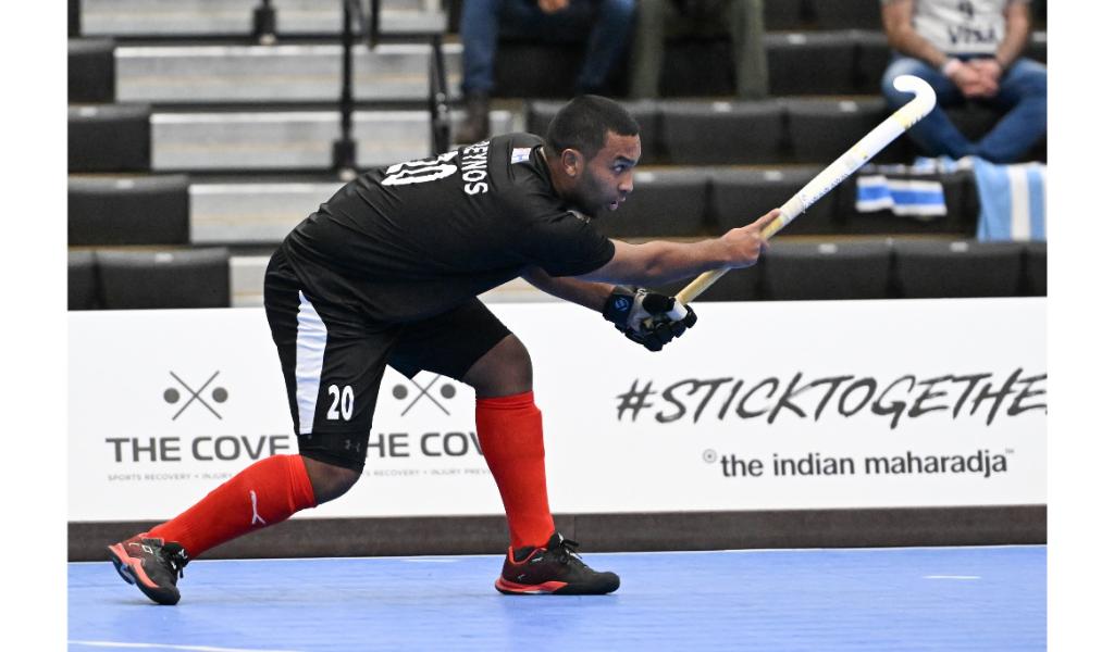 Trinidad and Tobago's Jordan Reynos fires a shot at goal during the Indoor Pan American Cup Men's final on Friday in Canada. Argentina beat T&T 5-2 in the final. (Photo credit - Pan American Hockey Federation) (Image obtained at tt.loopnews.com)