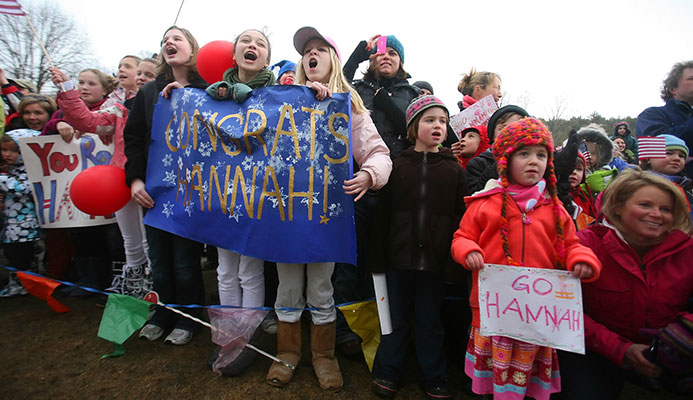 A celebration in Norwich, Vt., Hannah Kearney’s hometown, after she won a moguls gold medal at the 2010 Olympics.CreditNicole Bengiveno /The New York Times