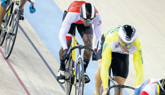Kwesi Browne(TTO) during the first round of the Men’s Keirin. He placed third and didn’t automatically advance, but got into the semifinals with a win in the Repechage on day 2 of the Elite Pan American Track Championships at the National Cycling Centre, Couva, yesterday. PHOTO: RICHARD LYDER/ CA IMAGES