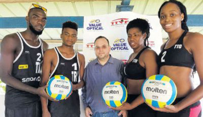 From left to right: T&T Men’s volleyballers Daneil Williams and Daynte Stewart; Danny Jones, Value Optical Marketing & PR Manager; and T&T women’s volleyballers Rheeza Grant and Abby Blackman at the launch of the TTVF partnership with Value Optical.