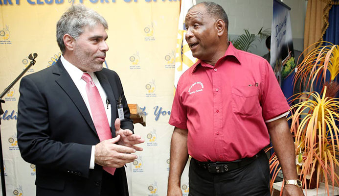 Rotary Club of Port-of-Spain president Alain Laquis, left, chats with Port-of- Spain Sports Council coordinator Kelvin Nancoo during the launch of the Port-of-Spain Rotary Club Games at Goodwill Industries, Fitz Blackman Drive, Wrightson Road, on Tuesday. PICTURE NICOLE DRAYTON