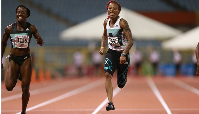 FLASHBACK: Michelle-Lee Ahye (right) sprints to the finish line to capture the women’s 100 metres title at the NGC/Sagicor NAAA National Track and Field Championships last evening at the Hasely Crawford Stadium, Mucurapo, on June 25,2016. PHOTO BY ALLAN CRANE/CA-IMAGES.