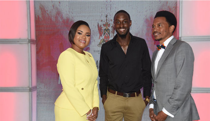 Minister of Sport and Youth Affairs, Shamfa Cudjoe, from left, track and field athlete Jereem Richards and President of the Trinidad and Tobago Olympic Committee, Brian Lewis. AYANNA KINSALE