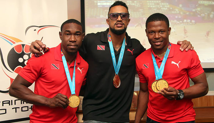 In this file photo, TT cyclists Keron Bramble, from left, Njisane Phillip and Nicholas Paul pose with their 2019 Pan American Games medals at the TT Olympic House in Port of Spain, on Aug 7. PHOTO BY SUREASH CHOLAI -
