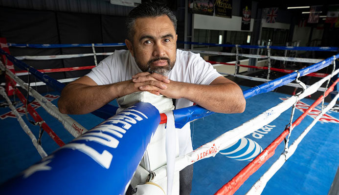  Manny Robles in his LA gym: ‘The moment I became a US resident I went to school. I was 34. It was my dream to become a citizen and take care of my family.’ Photograph: Dan Tuffs/The Guardian