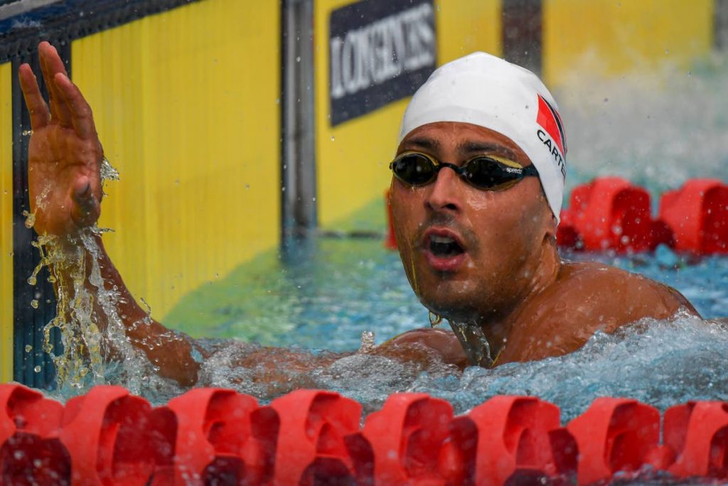 In this April 5, 2018 file photo, TT 's Dylan Carter after the swimming men’s 50-metre butterfly qualifications during the 2018 Gold Coast Commonwealth Games at the Optus Aquatic Centre in the Gold Coast, Australia. (AFP PHOTO) -