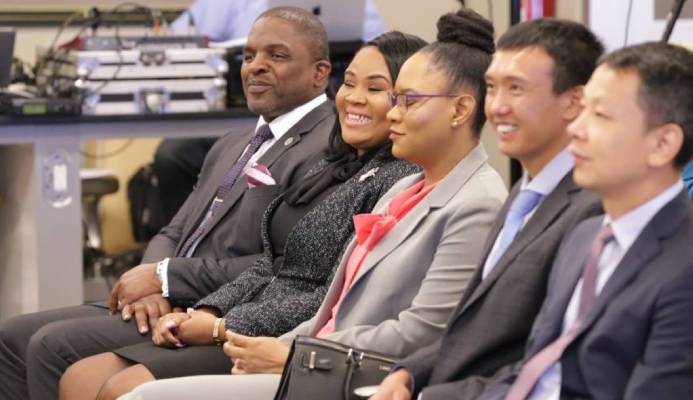 It was all smiles during the contract signing ceremony for the airport expansion project from (left to right) Secretary of Finance Joel Jack, Tobago West MP Shamfa Cudjoe, Tobago East MP Ayanna Webster-Roy and officials from contractor China Railway. PHOTO COURTESY THA - THA