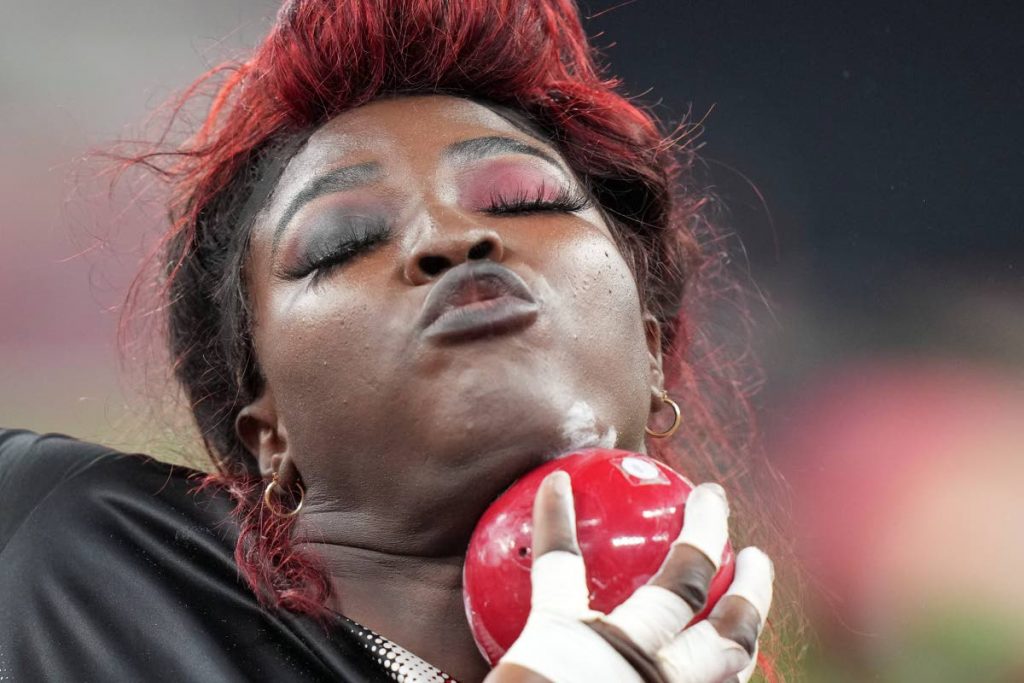 Portious Warren, of Trinidad and Tobago, competes in the qualification rounds of the women's shot put at the 2020 Summer Olympics, Friday, in Tokyo. (AP Photo) -