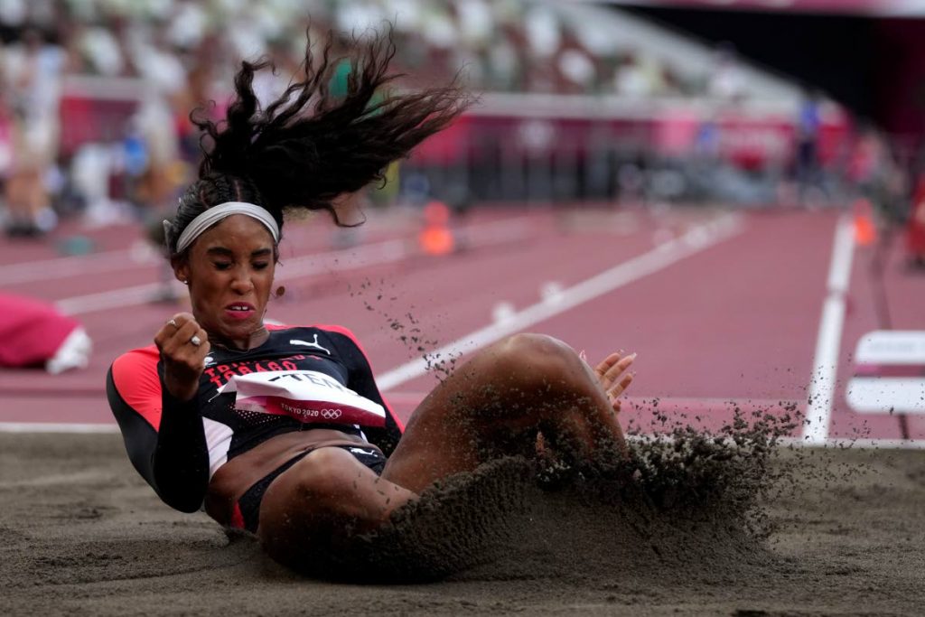 Tyra Gittens competes in the qualification rounds of the women's long jump at the 2020 Summer Olympics, Sunday, in Tokyo. (AP) -