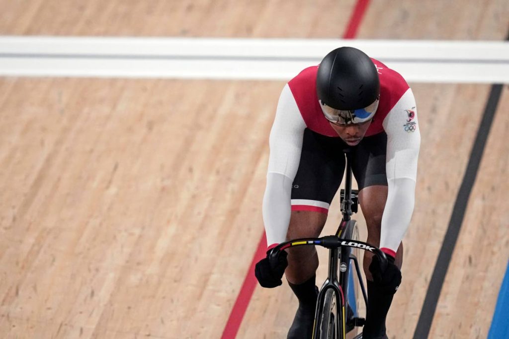 Nicholas Paul of Team Trinidad and Tobago competes during the track cycling men's omnium scratch race at the 2020 Summer Olympics, on Thursday, in Izu, Japan. (AP PHOTO) -