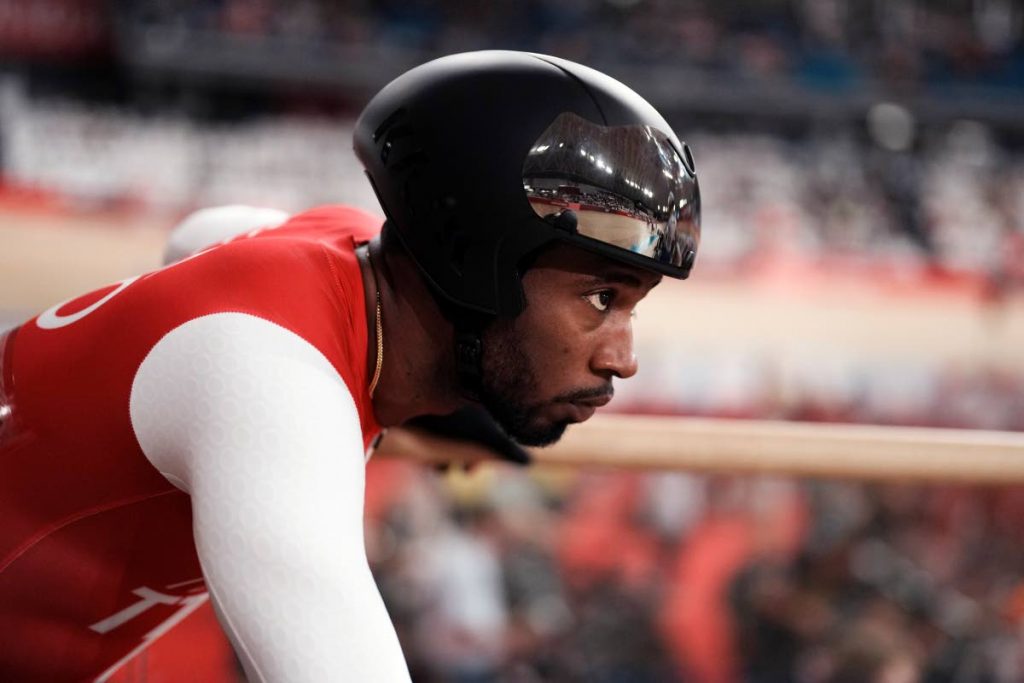 Kwesi Browne of Team Trinidad And Tobago readies to compete during the track cycling men's keirin race at the 2020 Olympics, on Saturday, in Izu, Japan. AP PHOTO -
