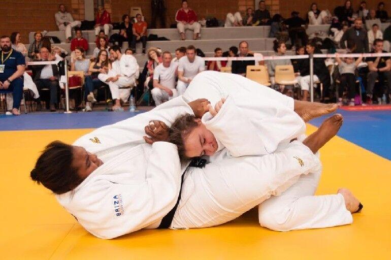 SUBMISSION HOLD: Trinidad and Tobago judoka Gabriella Wood, left, subjects her opponent to a submission hold during competition at the 27th Christophe Maquet Team Tournament in Paris, France, in 2019.