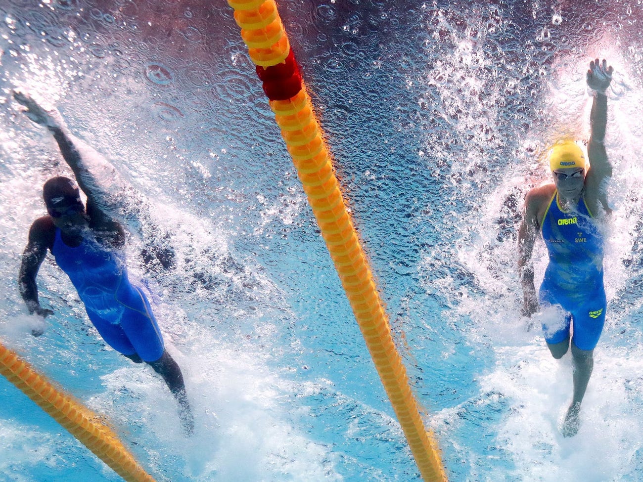 Simone Manuel of the United States and Sarah Sjostrom of Sweden compete during the 2017 FINA World Championships. Al Bello/Getty Images