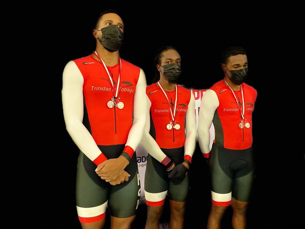 T&T’s sprint cycling team - from left to right- Njisane Phillip, Zion Pulido and Keron Bramble that claimed the silver medal on the opening day of the Elite Pan American Track Cycling Championships in Lima, Peru on Friday. .
