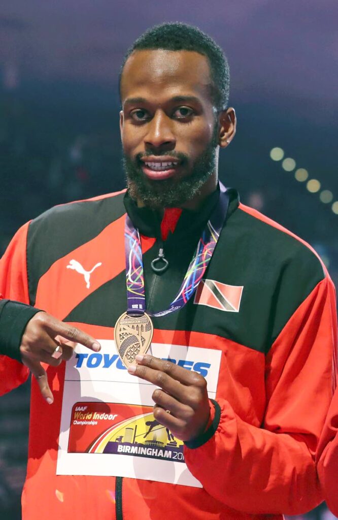 Trinidad and Tobago's bronze medallist Deon Lendore poses during the medal ceremony for the men's 400-metre final at the World Athletics Indoor Championships in Birmingham, Britain, in this March 3, 2018 file photo. (AP Photo) -