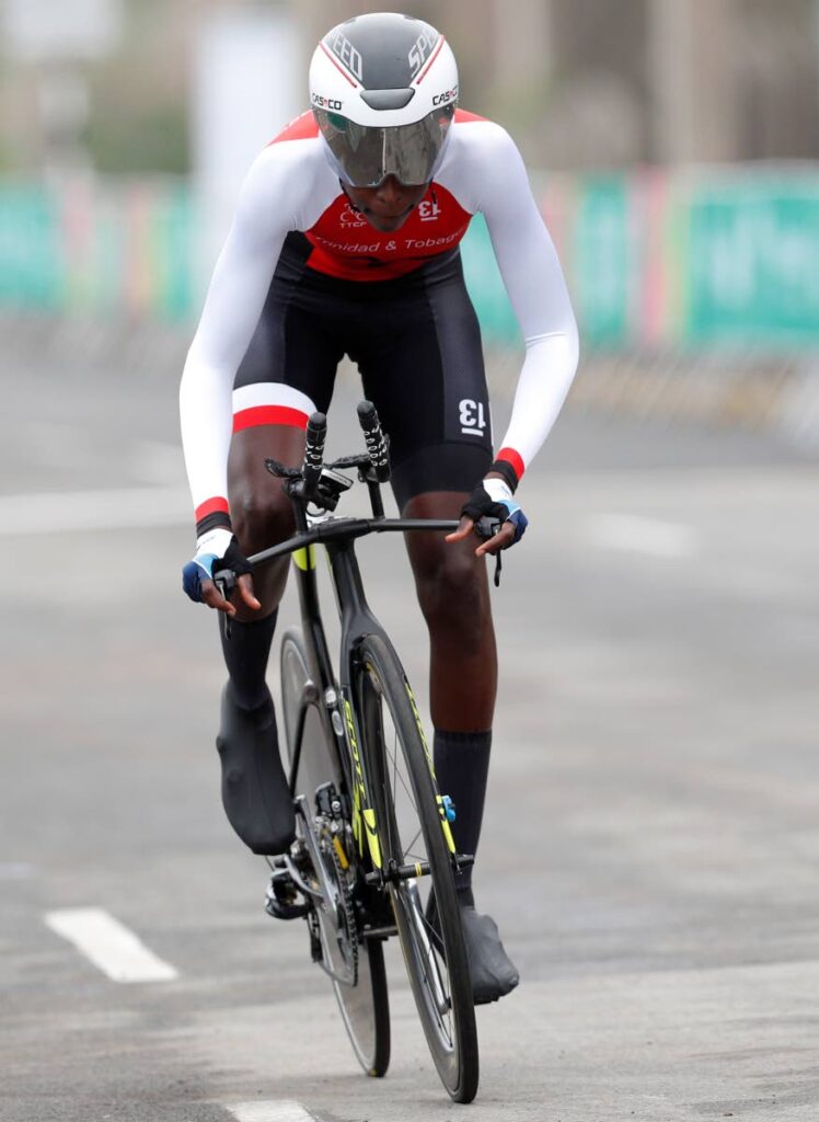 In this August 7, 2019 file photo, Teniel Campbell of Trinidad and Tobago competes in the women's road cycling individual time trial finals at the Pan American Games in Lima Peru. (AP Photo) - (Image obtained at newsday.co.tt)