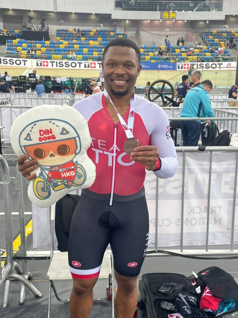 TT sprint cyclist Nicholas Paul shows off his UCI Nations Cup sprint bronze medal in Hong Kong, China on March 17. - (Image obtained at newsday.co.tt)