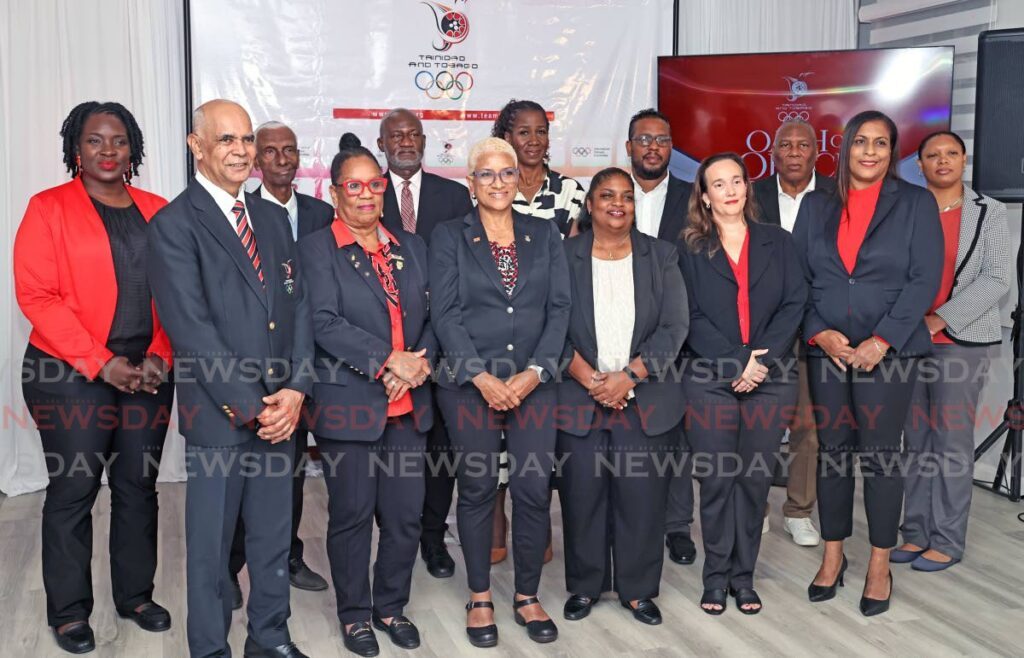 TTOC athlete’s commission chair, Kwanieze John, Executive member, Dr Terry Ali, Trustee, Curtis Nero, honorary assistant secretary general, Reyah Richardson, executive member Shawn Pouchet, executive member Ephraim Serrette, Trustee, Christine Mayers. (front row, from left ) VP, Mushtaque Mohammed, Secretary General, Anetter Knott, president Dianne Henderson, VP, Rowena Williams, treasurer Robyn Le Blanc and VP, Sonja Johnson at the executive’s installation ceremony at Olympic House, Woodford St, Port of Spain, on October 7. - Photo by Lincoln Holder (Image obtained at newsday.co.tt)