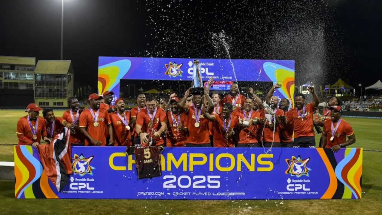 The Trinbago Knight Riders players start the celebrations  •  Randy Brooks/CPL T20/Getty Images (Image obtained at espncricinfo.com)