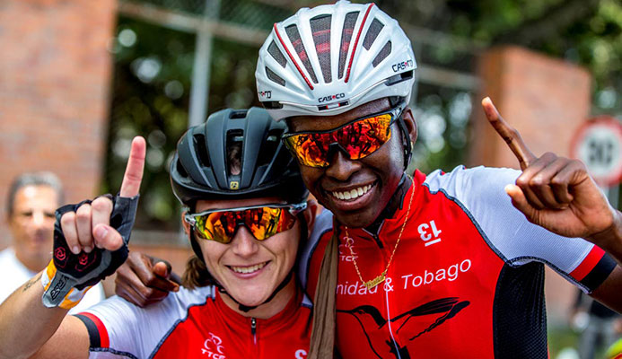 TT's Teneil Campbell, right, 2018 CAC Games road race champion, celebrates with compatriot Alexi Costa yesterday in Colombia. TT's Teneil Campbell, right, 2018 CAC Games road race champion, celebrates with compatriot Alexi Costa yesterday in Colombia.