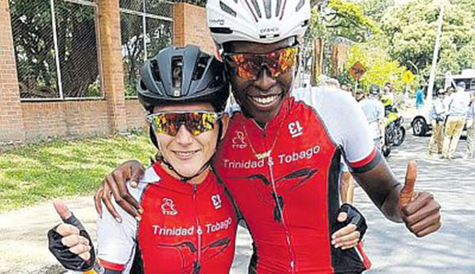 T&T’s women cyclists, golden girl Teneil Campbell, right, and compatriot Alexi Acosta following yesterday’s Points Race event at the CAC Games in Colombia. T&T’s women cyclists, golden girl Teneil Campbell, right, and compatriot Alexi Acosta following yesterday’s Points Race event at the CAC Games in Colombia.