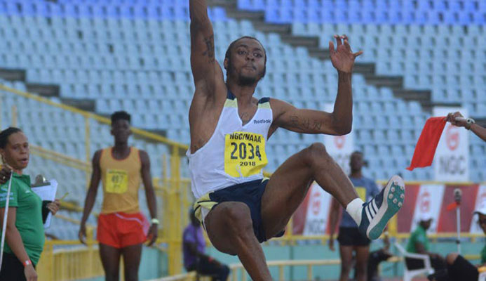 Andwuelle Wright from Signal Hill jumps his way to a new national men's long jump record at the 2018 NGC/Sagicor National Open Championships at the Hasely Crawford stadium in Port of Spain, last year. PHOTO BY ANDRE DE GANNES Andwuelle Wright from Signal Hill jumps his way to a new national men's long jump record at the 2018 NGC/Sagicor National Open Championships at the Hasely Crawford stadium in Port of Spain, last year. PHOTO BY ANDRE DE GANNES