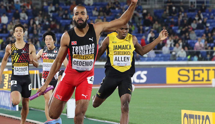 IT'S OVER: Machel Cedenio crosses the finish line to anchor TT to the 4x400m gold at the IAAF World Relays in Yokohama, Japan. IT'S OVER: Machel Cedenio crosses the finish line to anchor TT to the 4x400m gold at the IAAF World Relays in Yokohama, Japan.