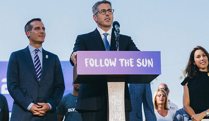Left to right: LA mayor Eric Garcetti, now-LA28 chairman Casey Wasserman, LA28 athlete relations director Janet Evans // photo LA28 Left to right: LA mayor Eric Garcetti, now-LA28 chairman Casey Wasserman, LA28 athlete relations director Janet Evans // photo LA28