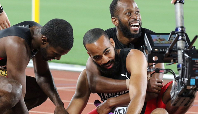 Deon Lendore hugs Machel Cedeno as they celebrate with Asa Guevara, left, after T&T 4x400 metres team copped goal at the IAAF World Relay in Yokohama, Japan, Sunday. The team won the event in a world-leading time of 3:00.81. Deon Lendore hugs Machel Cedeno as they celebrate with Asa Guevara, left, after T&T 4x400 metres team copped goal at the IAAF World Relay in Yokohama, Japan, Sunday. The team won the event in a world-leading time of 3:00.81.